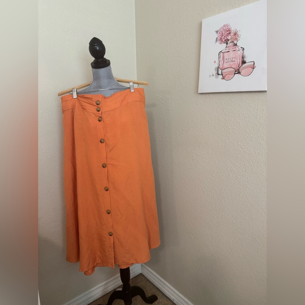 Orange Button-Front Midi Skirt